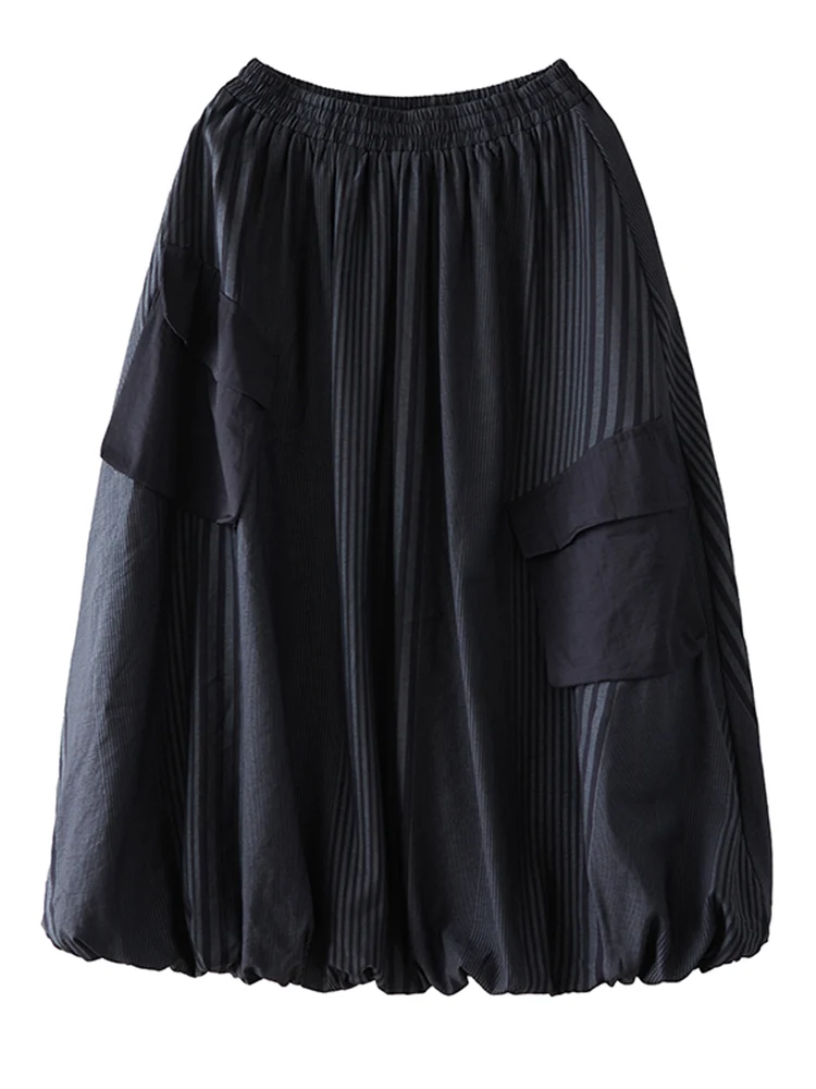 2025 Spring Autumn New Black Vintage Stripe High Waist Skirt Women Plus Size Fashion Pocket Loose Casual Midi Skirts Clothing