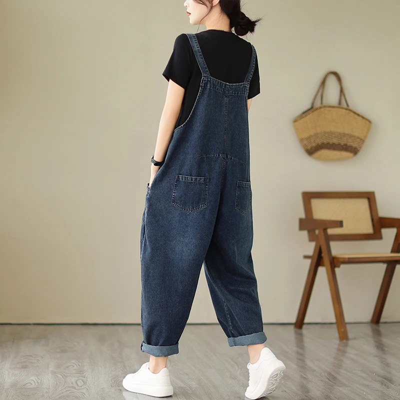 6223 Spring Fall Fashion Women's Multi Pocket Cargo Suspender Female Vintage Patchwork Blue Denim Overalls Casual Loose Jumpsuit 4