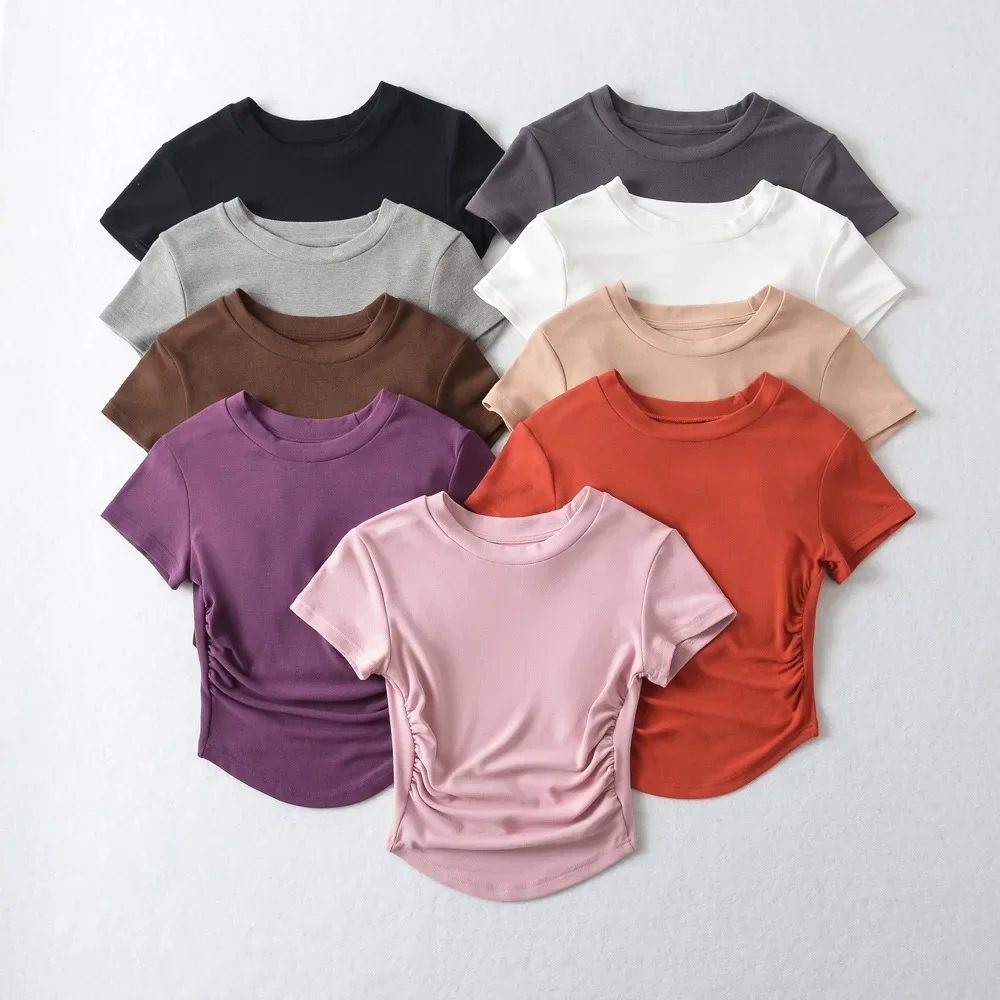 

Design sense folds on both sides slim high waist short niche arc top women's summer small round neck short-sleeved T-shirt