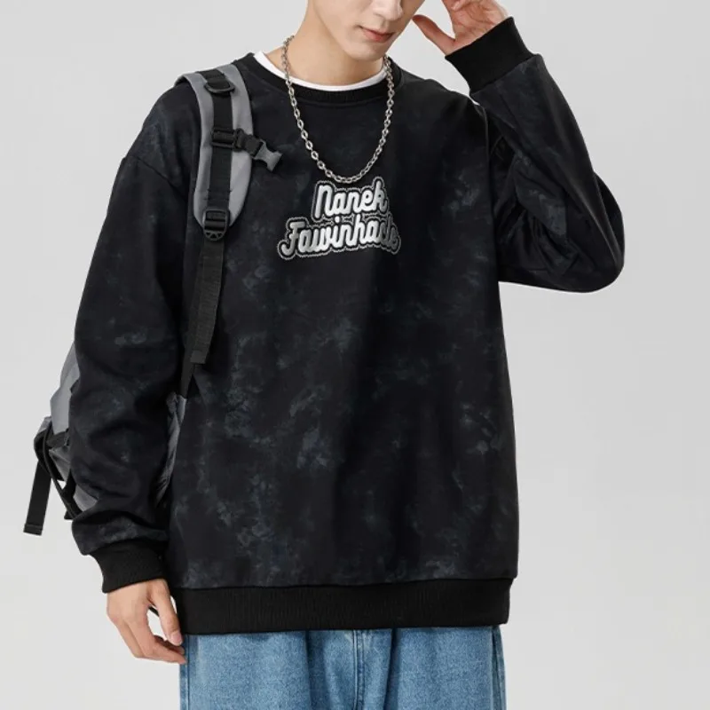 Men's Spring Autumn Solid Round Neck Letter Print Gradient Lantern Long Sleeve Sports Leisure Hoodies Fashion Vintage Tops