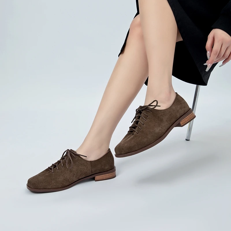 AIYUQI Women Loafers Shoes Genuine Leather Thick Heels Student Shoes Female Lace Up British Style Lady Oxford Footwear women loafers shoes