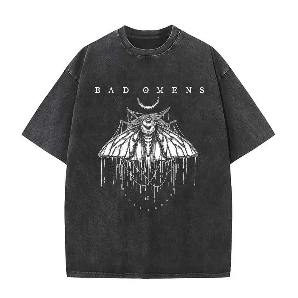 Washed Vintage Bad Omens Print T-shirt Funny Moth Graphic Tshirt Men Women Fashion Hip Hop Streetwear Short Sleeve T-shirts Male 6