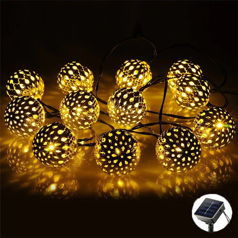 Solar Lighting 5m 7m 12m Moroccan Silver Metal Balls Garland Garden Powered Street Lights Led Bulb Outside Christmas Fairy Lamp