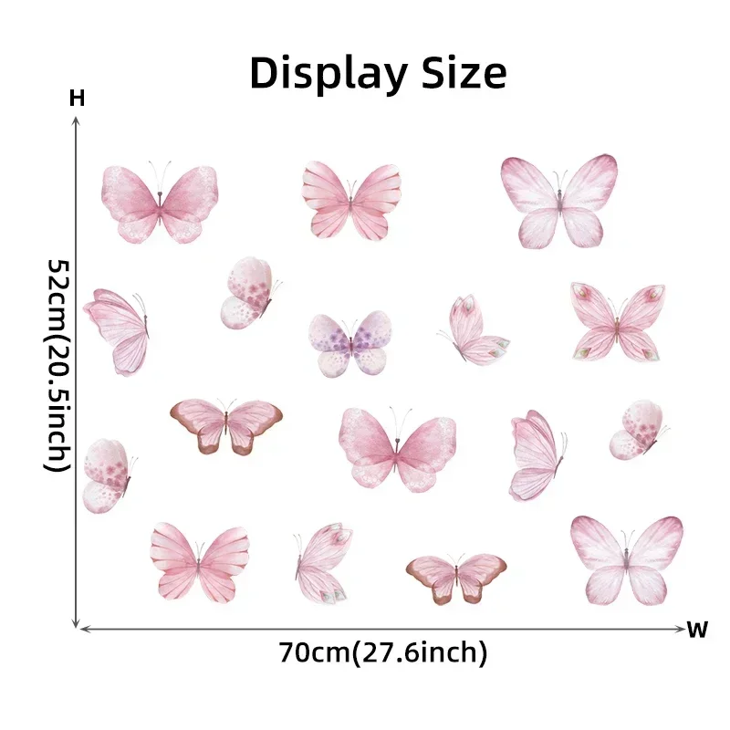 17Pcs Watercolor Soft Pink Flying Butterflies Pattern Wall Stickers for Kids Room Baby Nursery Room Girl Room Wall Decals Decor