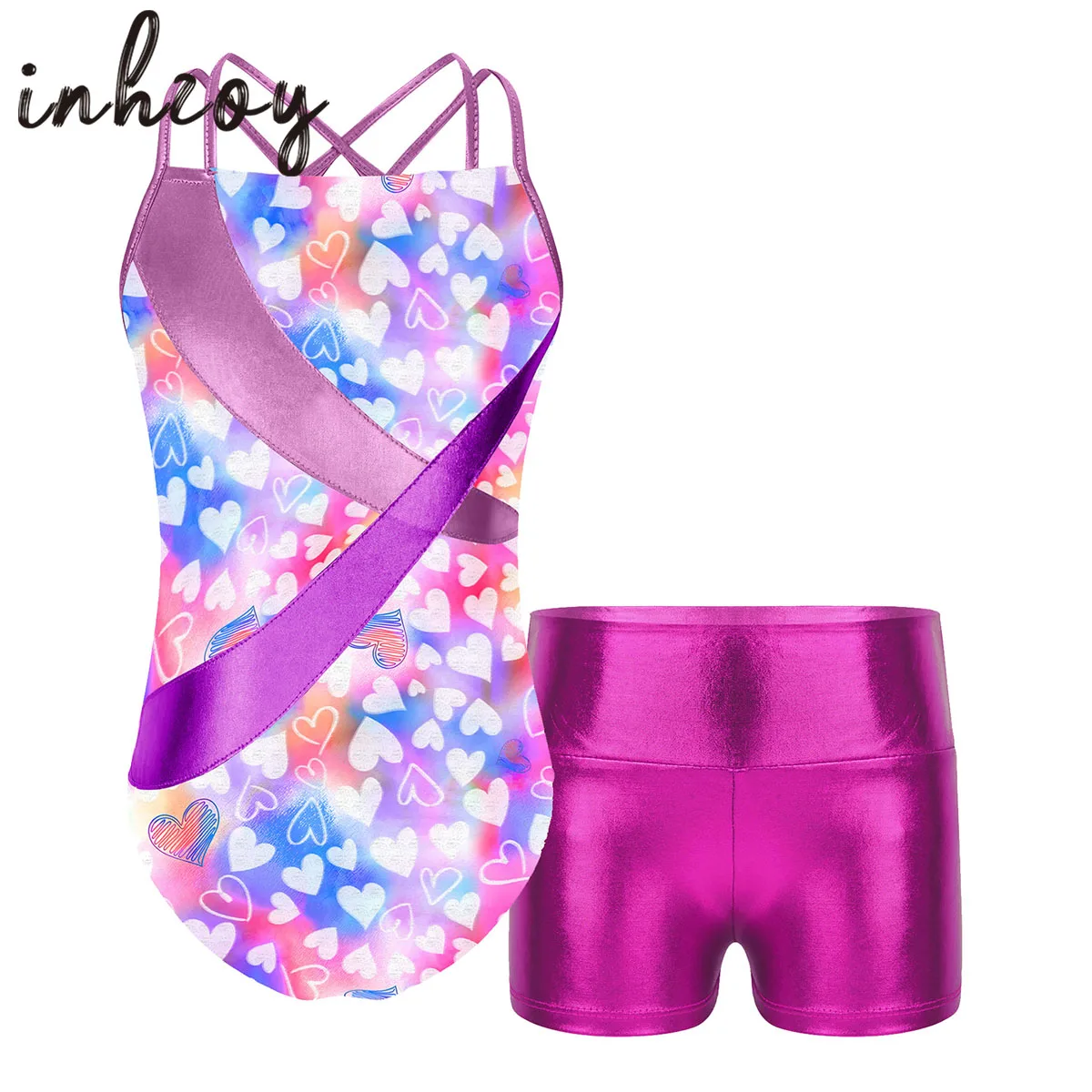 

Kids Girls Ballet Sets Sleeveless Gymnastics Workout Leotard Outfits Cartoon Printed Leotard Bodysuit with Shorts Dance Costume