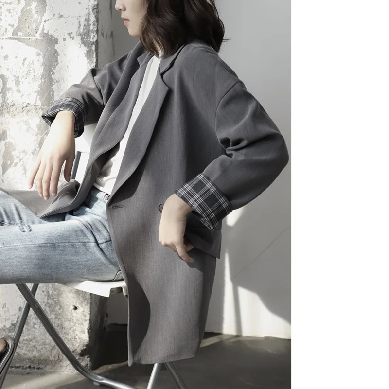 2023 Women Elegant Lapel Single Button Black Blazer Spring Autumn Gray Vintage Jacket Coat Ladies Workwear Female Formal Clothes