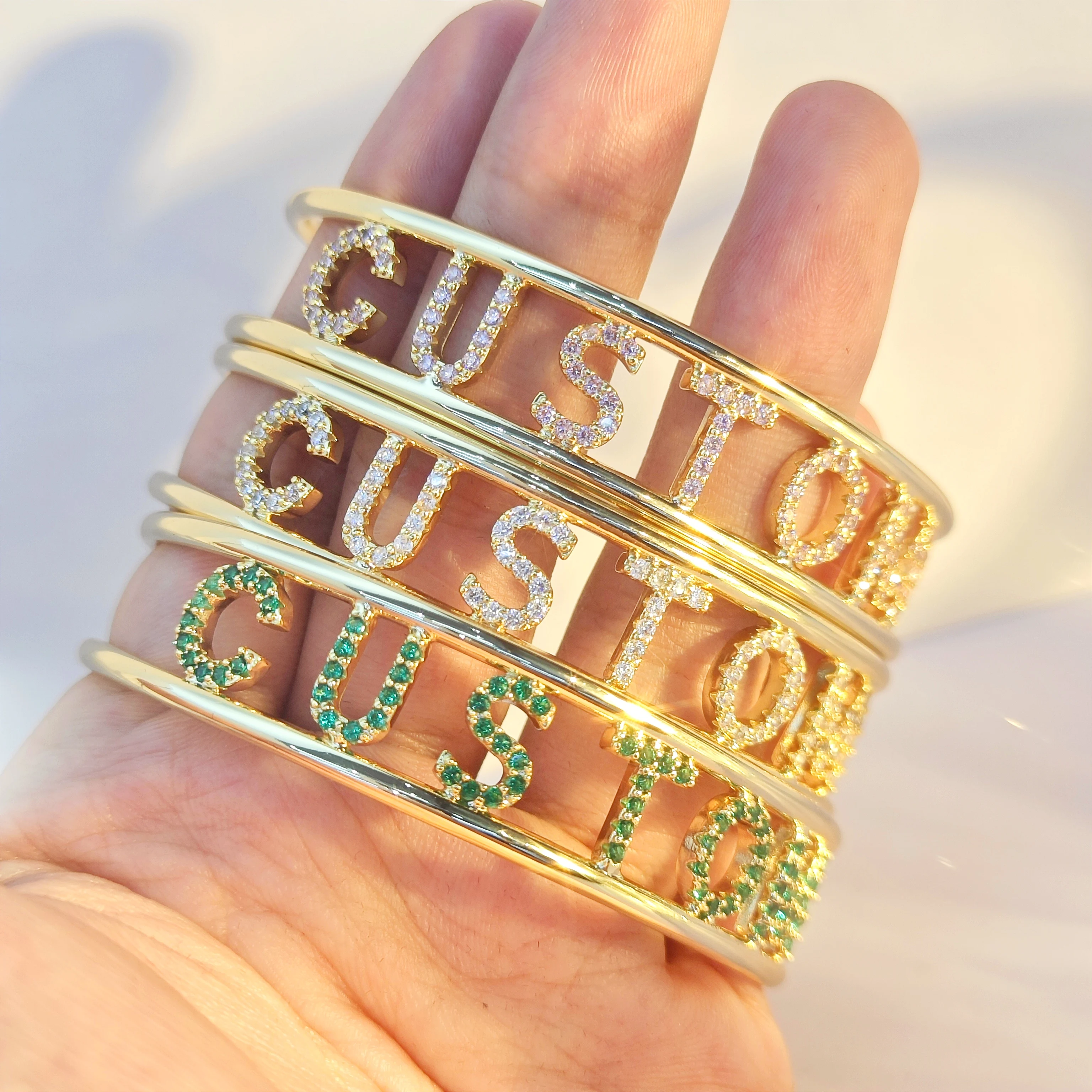 Customized Colorful Zircon 9mm Letters Bangle Green Stone Letter Custom Women Bracelet Bangle Jewelry