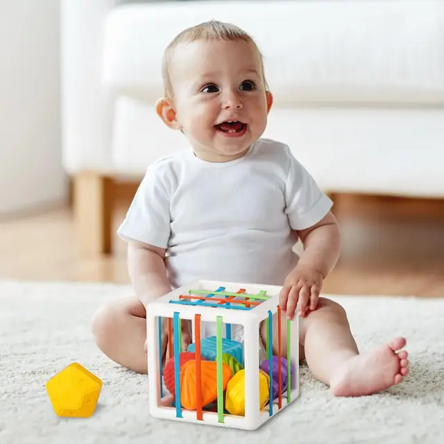 11186-16095e.jpg Sensory Shape Sorting Cube Toy for Toddlers 1-3 Years, Developmental Learning Gift with Textured Blocks