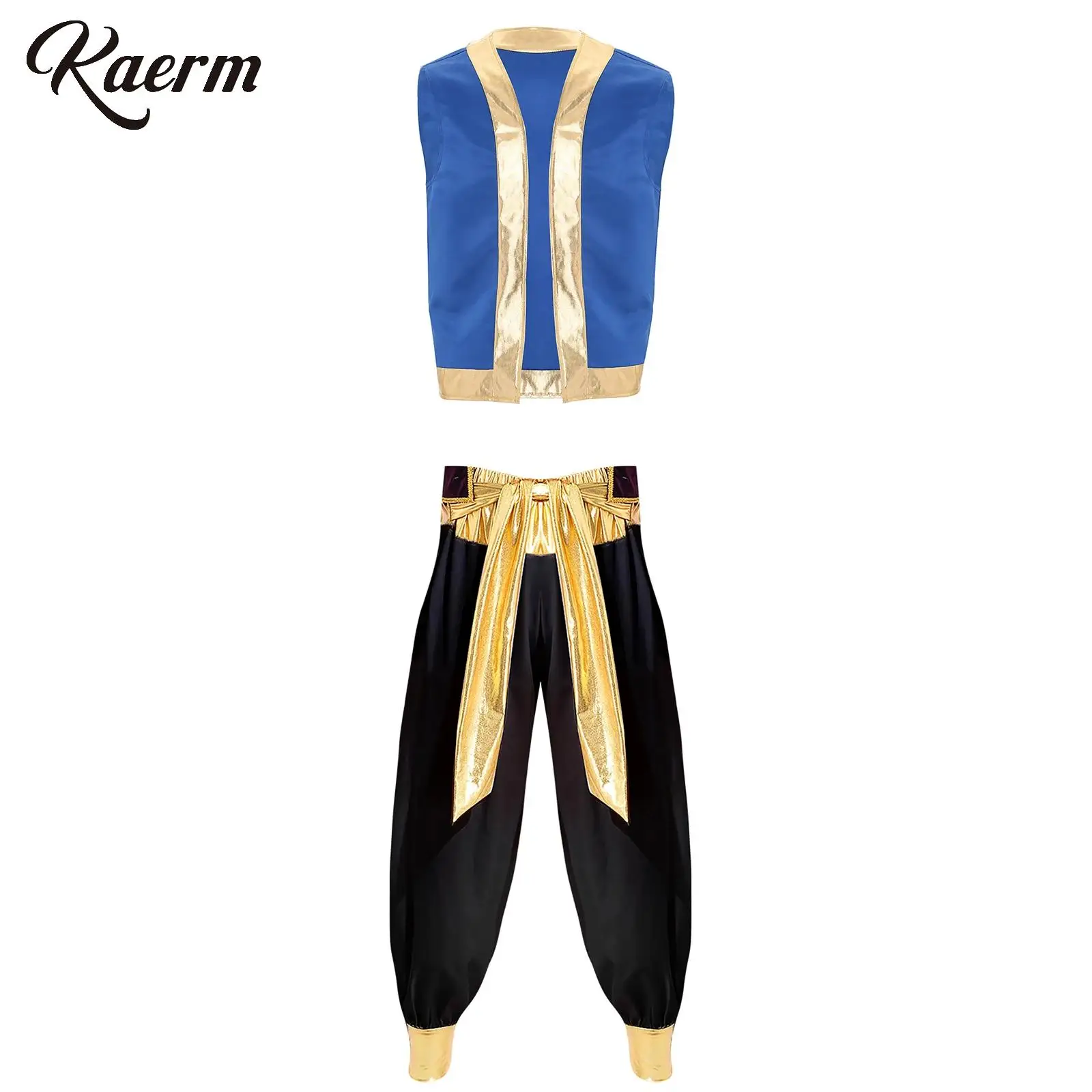 

Men 2 Piece Cosplay Costumes Arabian Prince Metallic Shiny Trim Open Front Waistcoat with Long Pants Halloween Masquerade Party