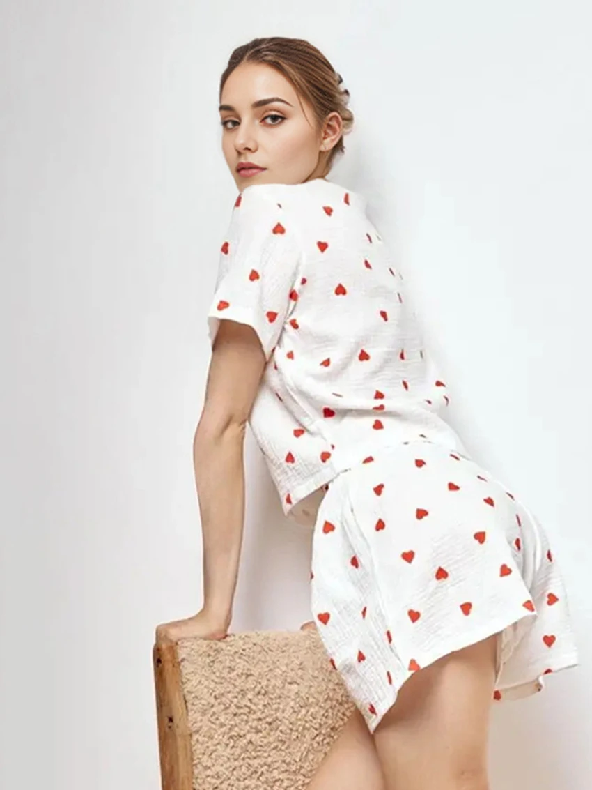 Marthaqiqi Printing Women Nightwear 2 Piece Set Short Sleeve Pajama O-Neck Sleepwear High Waist Shorts Casual Femme Home Clothes