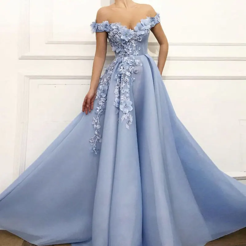 

GUXQD A Line Women Evening Dresses 3D Flowers Off The Shoulder V Neck Prom Party Gowns Vestido De Noche robes de soirée