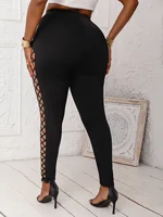 Women's Plus Size Mid-Waist Leggings Sexy Faux Cut-Out Grid Pattern Stretch Knit Pants Comfortable Solid Color Basics Trousers - Image 2
