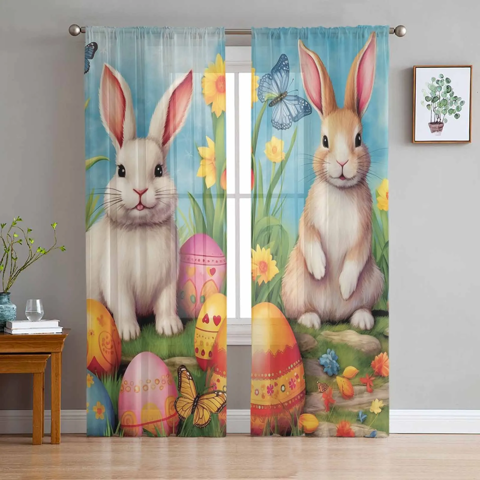 

Easter Eggs Bunny Watercolor Flowers Tulle Curtains for Living Room Sheer Curtain for Bedroom Kitchen Blinds Voile Curtains