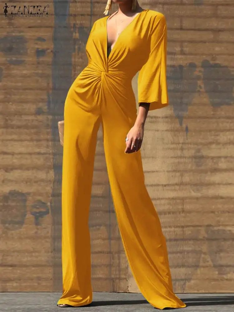 ZANZEA 2023 Fashion Knot Front Satin Jumpsuits Women Streetwear Sexy V-neck 3/4 Sleeve Long Romper Classy Wide Leg Pant Overalls