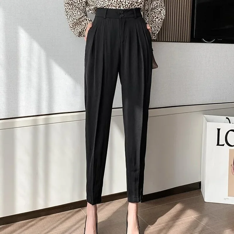 Women Spring Summer Casual Jogger Pants 2024 Korean Chic High Waist Harlan Pleated Pant Solid Color Ladies Trousers Streetwear spring and summer ladies retro harajuku harlan jeans 2022 new casual fashion loose wild stitching trousers street style