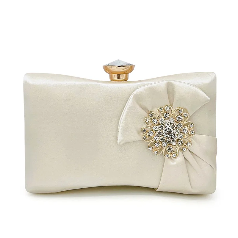 Elegant Satin Evening Clutch with Diamond Flower Decoration Retro Fairy Small Crossbody Bag for Women Party Wedding