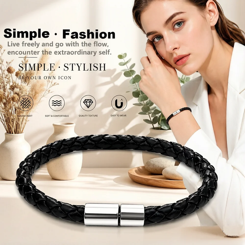 Men's Premium Braided Leather Bracelet with Magnetic Clasp – Vintage Adjustable Wristband