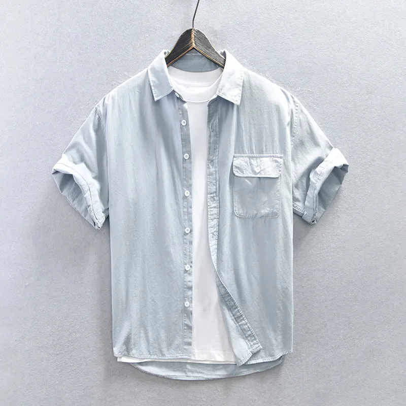 

2023 Summer New Casual Short Sleeve Shirts for Men Loose Cotton Streetwear Solid Color Blouse Men Clothing Oversize Z122