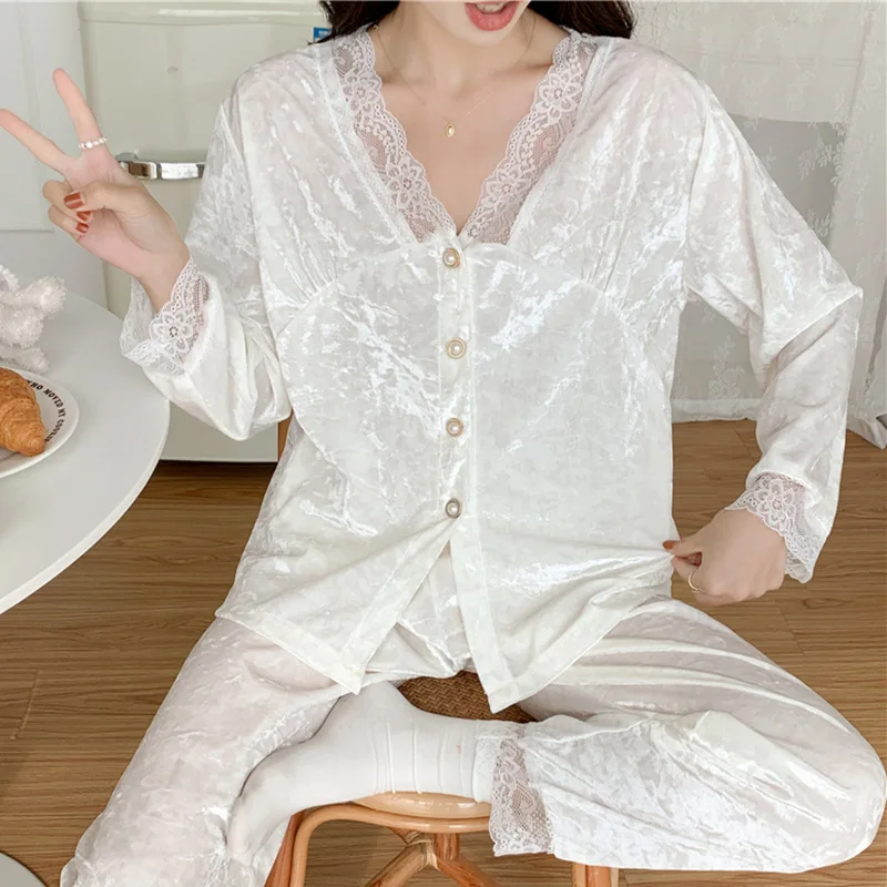 

Schinotch Autumn Women Pajamas Set Lace V-Neck Long Sleeves Warm Velvet Sleepwear Cozy Loungwear Sets