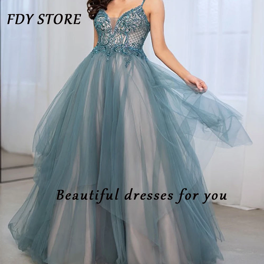 

FDY Store Prom A-line Beaded Embroidery Lace Up V-neck Sequins Sweep Train Evenning Cocktail Formal Occasion Party for Women