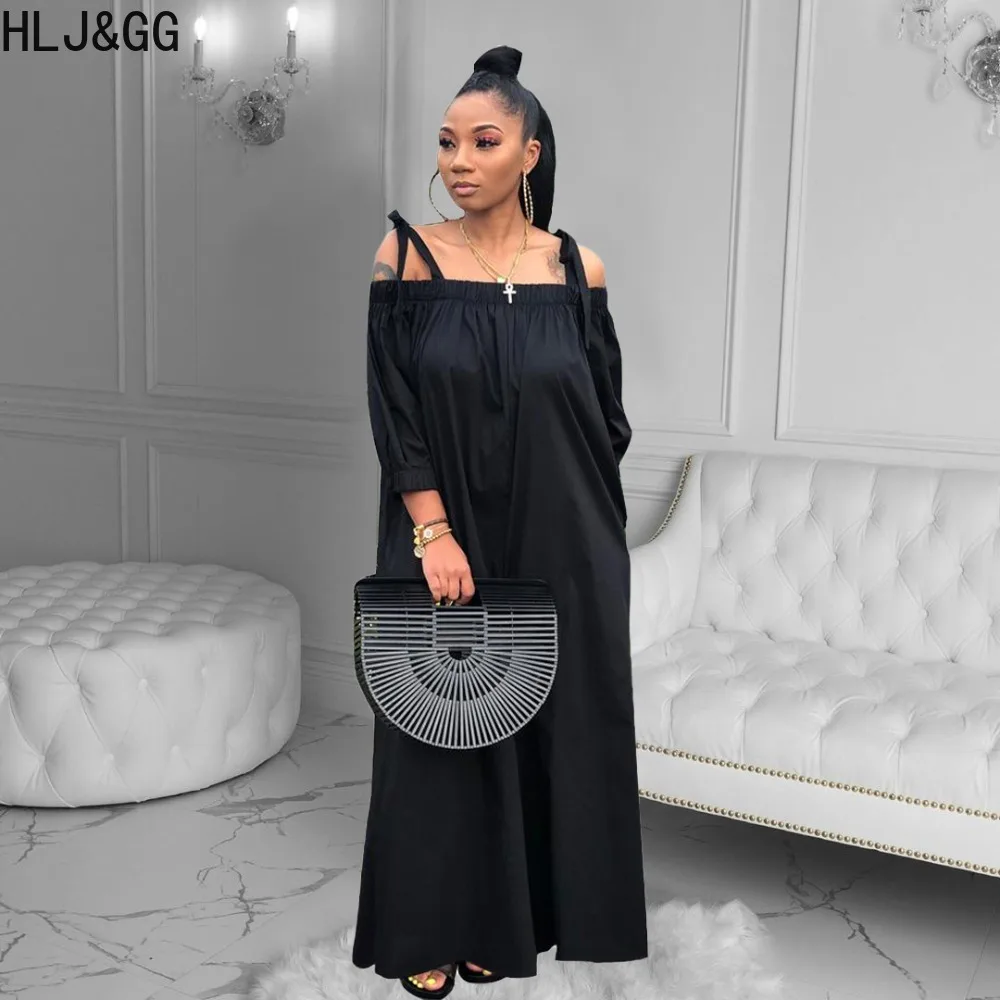 HLJ&GG Black Casual Off Shoulder Loose Wide Leg Pants Jumpsuits Women Strap Long Sleeve Playsuits Autumn Female Solid Overalls