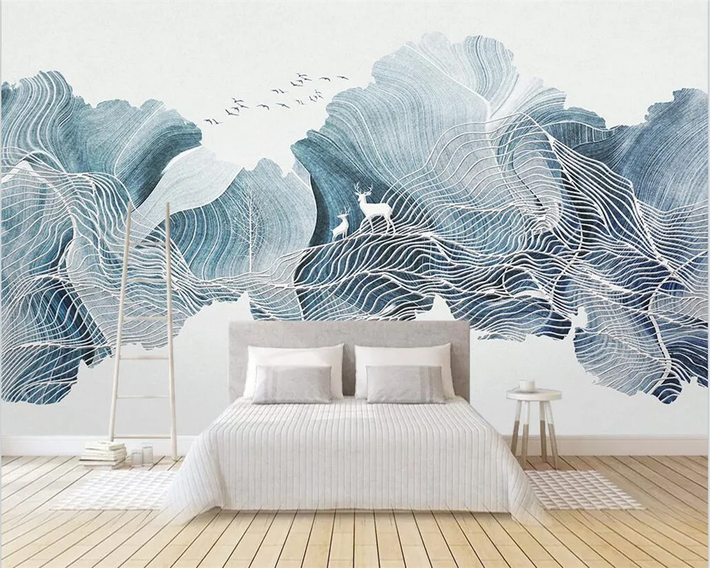 

Custom mural 3d обои abstract ink line landscape elk forest new Chinese style background wall living room decorative painting