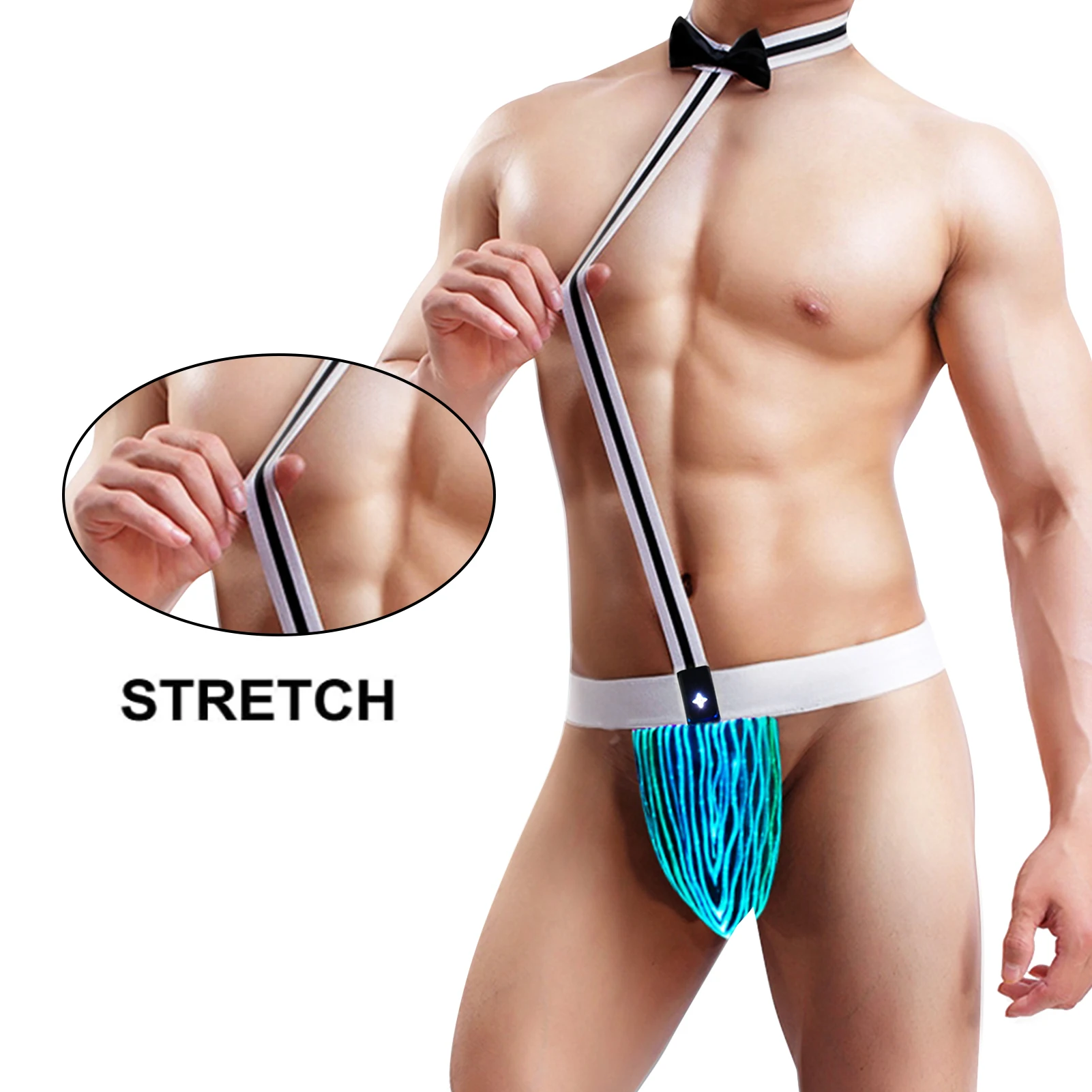 Lumisonata Men Sexy Suspender Bow Tie Briefs Light Up Thong Luminous Thong Underwear Gay Bodysuit Adjustable Bodysuit