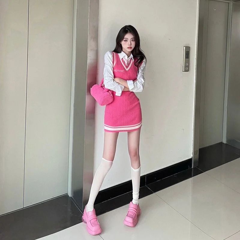 

Y2k Clothes Pink Sweater Dress Set Cute Outfits For Women 2023 Summer Elegant Women's Two Piece Set 2 Pieces White Crop Top