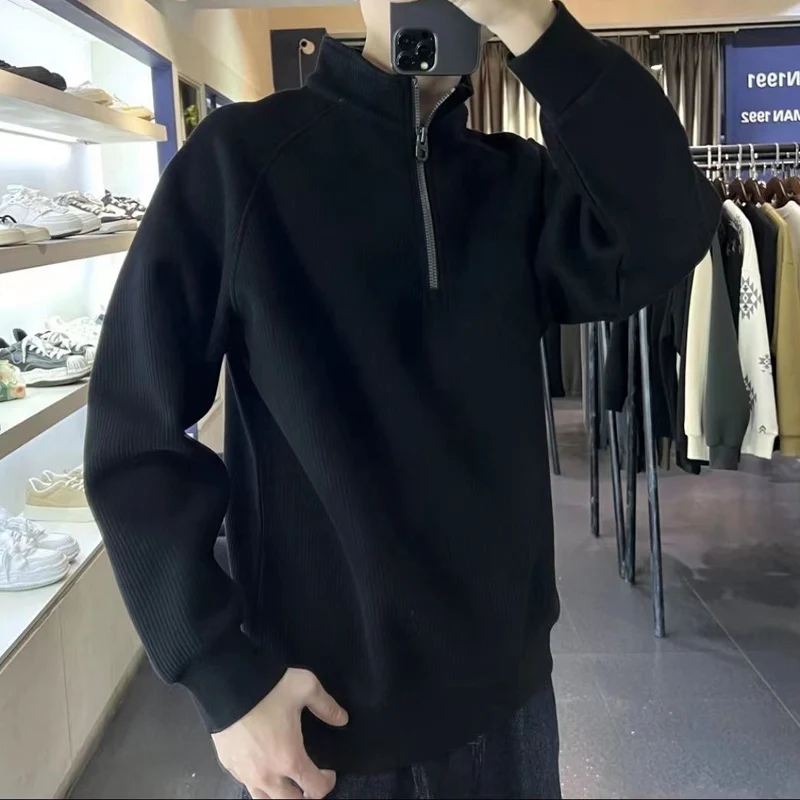 Autumn Winter New Solid Color Fashion Long Sleeve Sweatshirts Man High Street Casual Loose Zipper Thicken Warm Y2K Pullovers