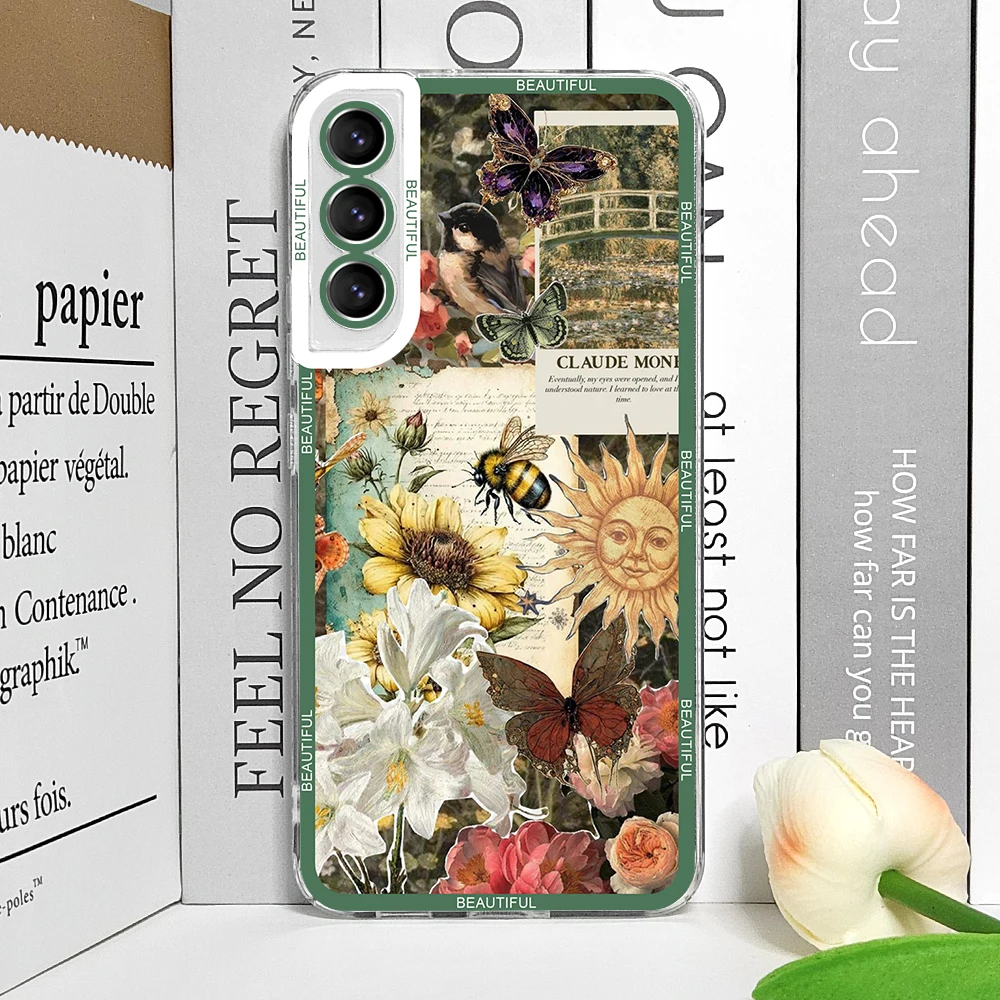 Cool Green Retro Flower Stickers Soft TPU Clear Phone Case Cover