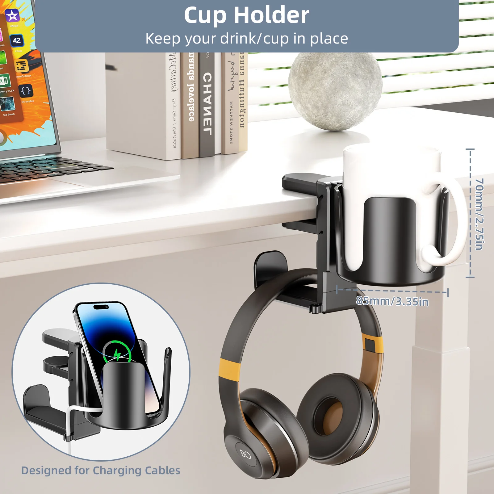 1PCS 2 in 1 Headphone & Cup Holder Table Edge Adjustable Stable Stand Game Sports Headset Mount Beverage Storage for Home Use