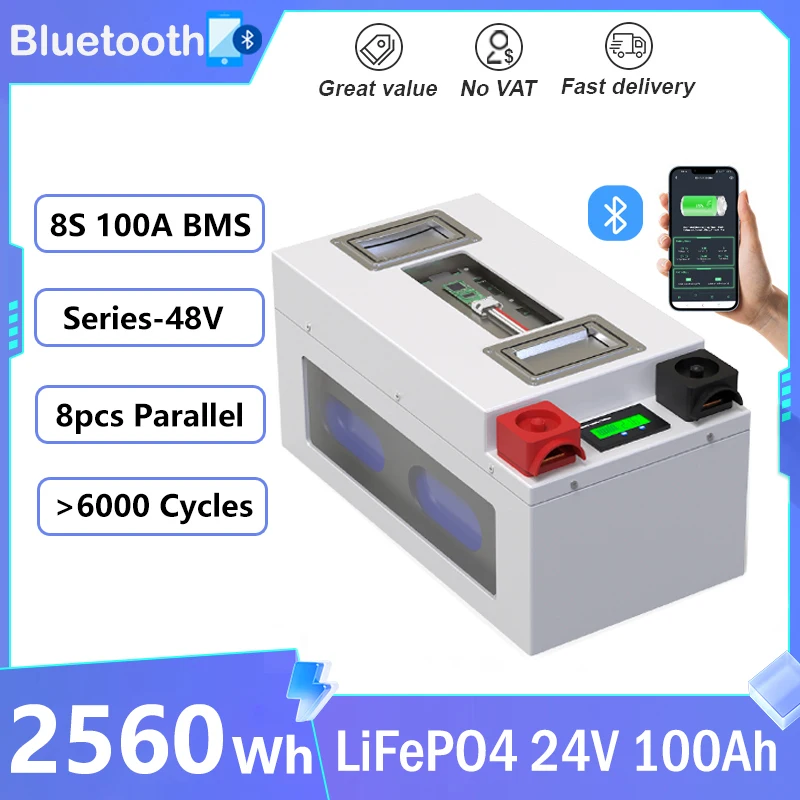 Lifepo4 24V 100Ah 2560Wh Pacco Batteria Grado A 5000 + Ciclo 8S 25.6V Bms 100Ah 200Ah Rv Golf Cart Batteria Ricaricabile Solare