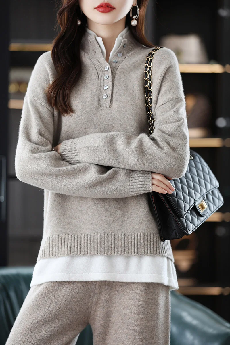 

New 2023 Ladies 100% Cashmere Wool Suit Casual Long Sleeve Pullover Sweater Solid Color Knit Long Wide Leg Pants Pure Wool Suit