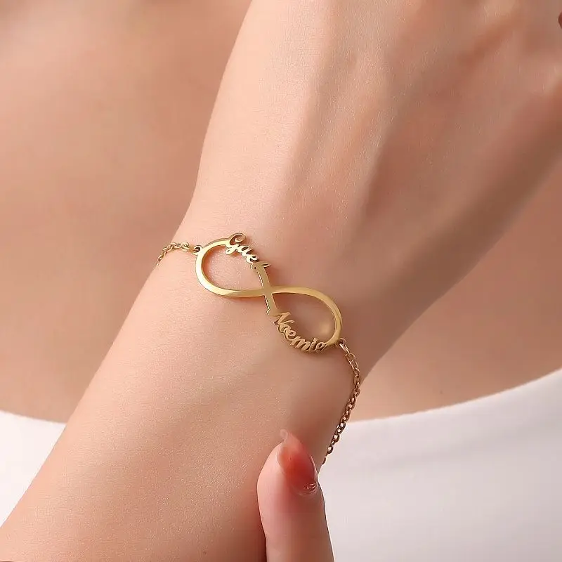 Customized Two Names Infinite Loop Bracelet for Women Personalized Name Gold Color Stainless Steel Bracelets Party Wedding Gift