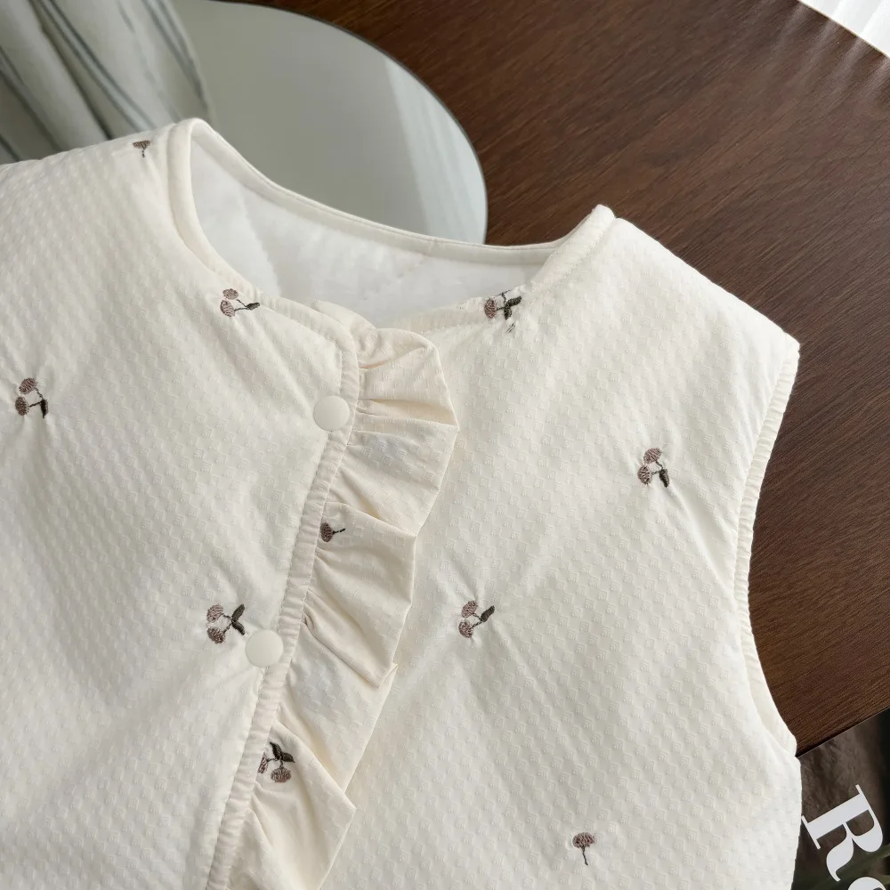 Winter New in Kids Baby Girls Thicken Plush Warm Top Outwear, Toddler Infant Embroidery Cherry Ruched Vest 0-3Y