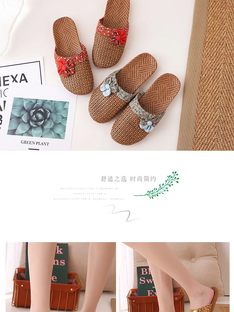 2022 New Linen Slippers Women Summer Bamboo Mats Home Slippers Wooden Floor Shoes Women Eva Soft Sole Beach Slippers Shoes Women