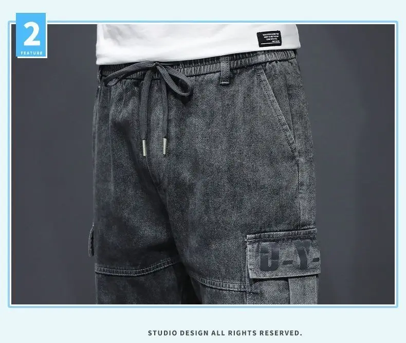 Harajuku Fashion Drawstring Designer Korean Luxury Boyfriend Multi Pocket Loose Casual Denim Jeans Men Summer Knee Length Shorts