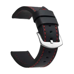 Vintage Leather Sport Watch Band with Stainless Steel Buckle - 18mm (Black Red Silver)