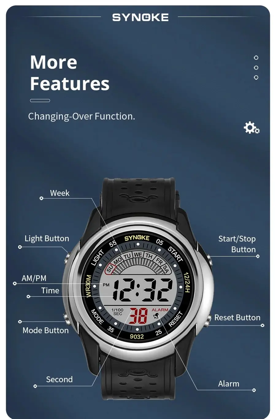 Synoke elektronische uhr für mans sport uhr multifunktions sport wasserdicht leuchtend led digital uhr junge studenten mode – Detail 9