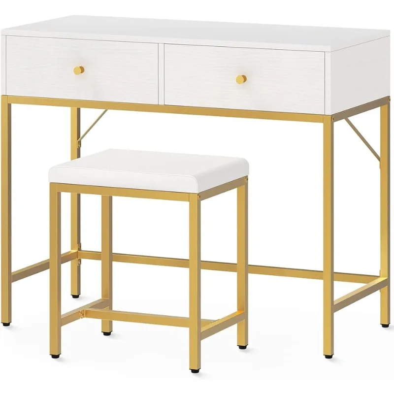 

SUPERJARE 35.4" White and Gold Desk with 2 Drawers, Modern Makeup Vanity Desk with Padded Stool Dressers for Bedroom