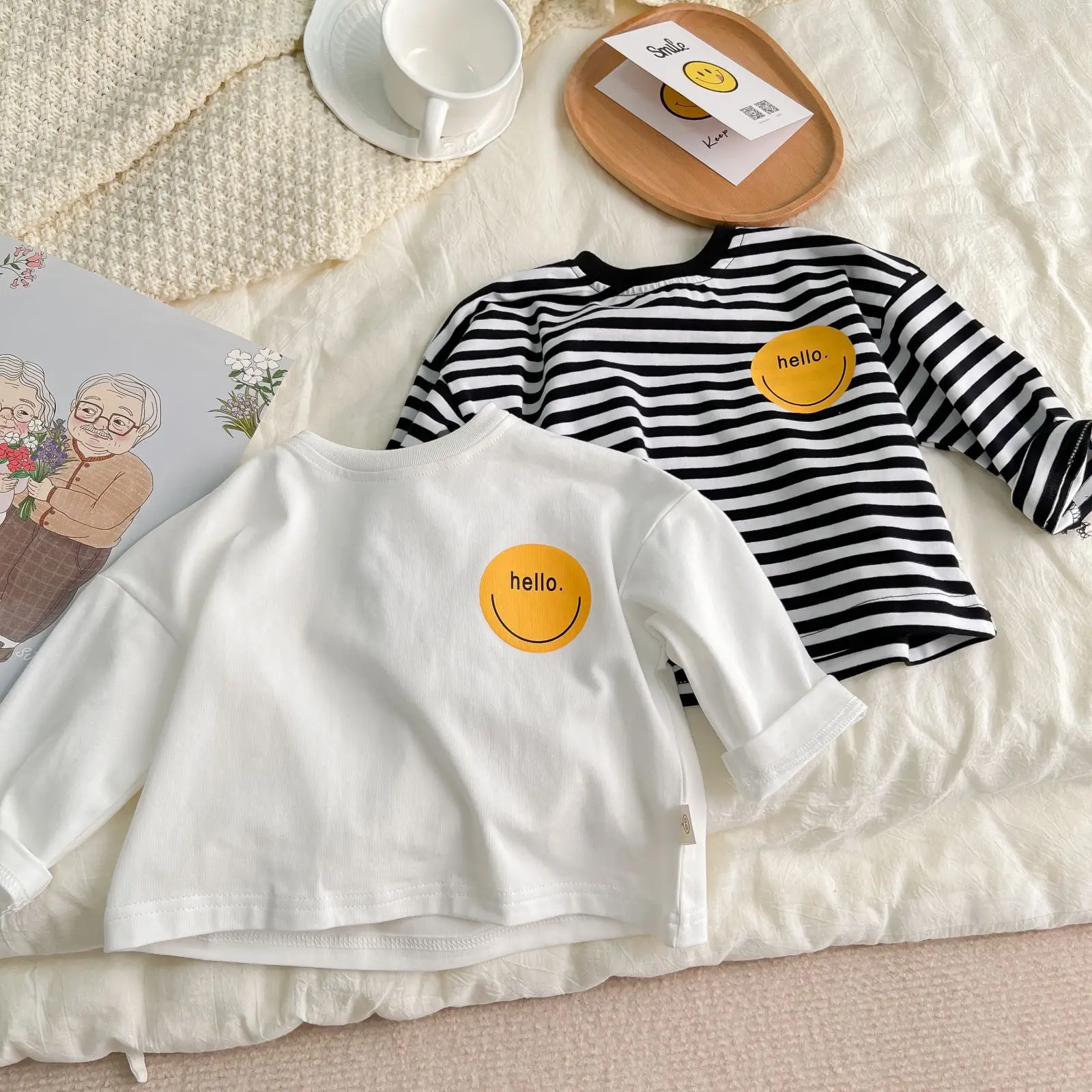 1163A Baby Clothes Stripe T Shirt Spring Autumn New Smiling Face Baby Boy T Shirt Stripe Casual Girl T-shirt Tops
