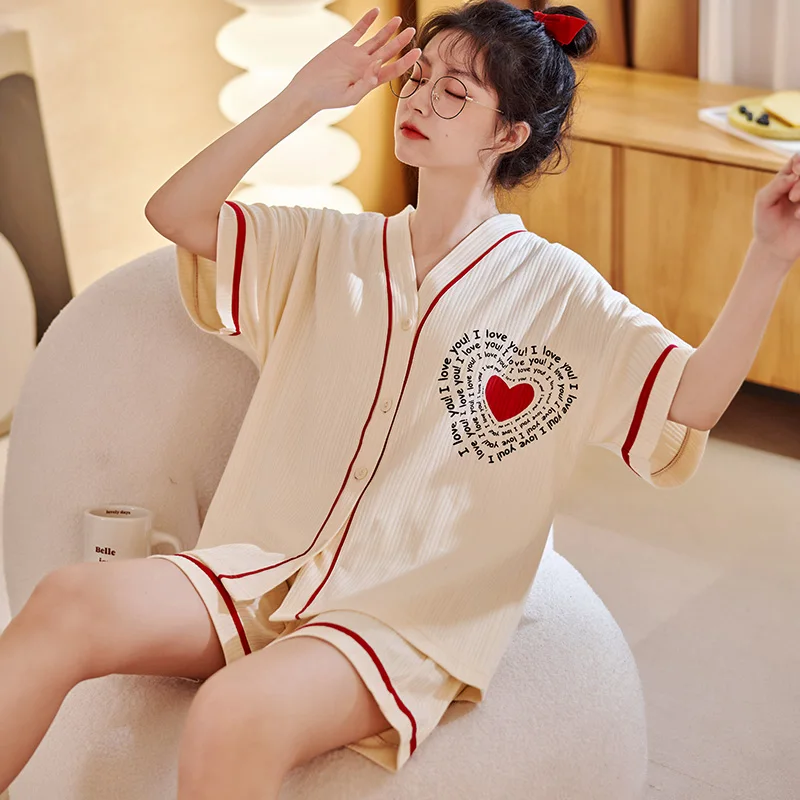 Pajamas women summer knitted cotton short-sleeved front button cardigan V-neck shorts cartoon cute girl casual suit home wear