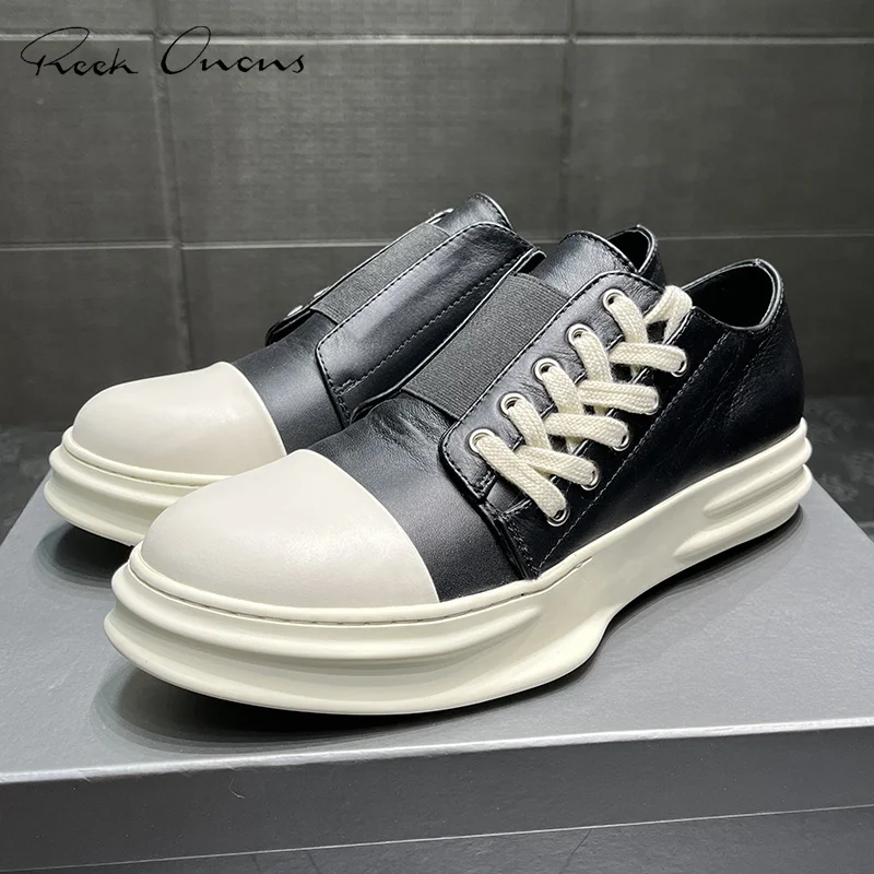 

Women's Shoes Black Chic Lace-up Design Unisex Real Leather Sneakers Thick Bottom Non-slip Sewing Comfortable Casual Men's Shoes