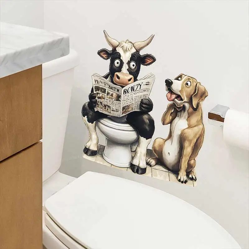Creative Puppy Cow Reading Newspaper Toilet Sticker Bathroom Toilet Cover Sticker Animal Home BathRoom Decoration Decals S531