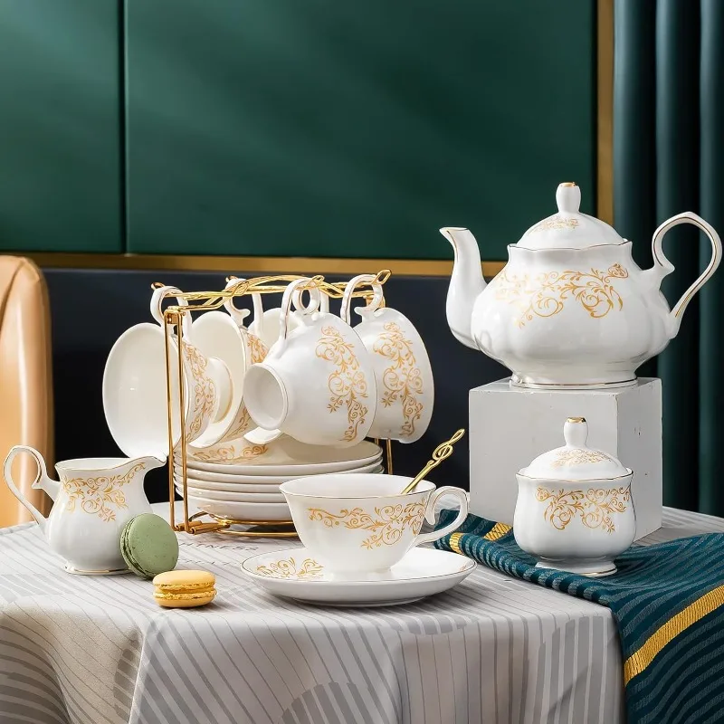 

22-Pieces Porcelain Tea Set, Cups& Saucer Service for 6, with Spoons,Teapot,Sugar Bowl,Creamer Pitcher and Golden Metal Rack
