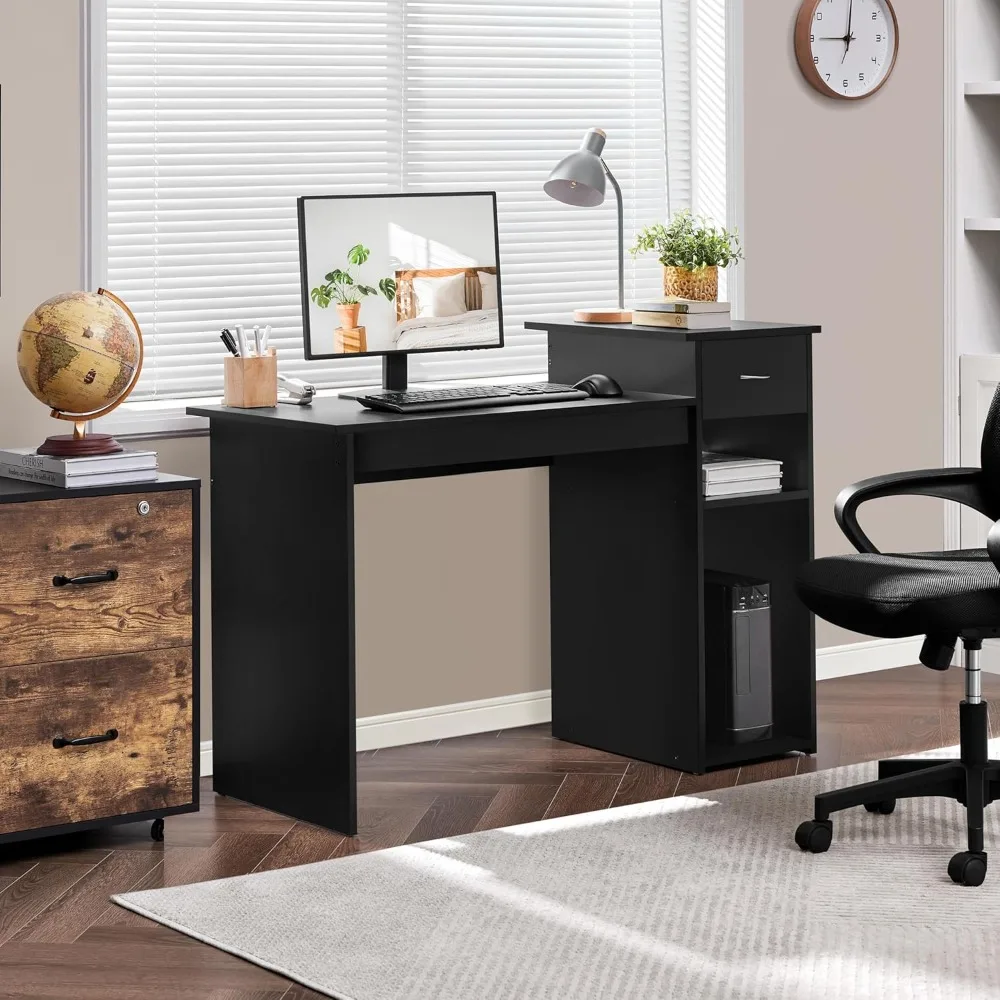 Home Office Modern Desk and Chair Set Computer Desk w/Drawer & Shelves with Ergonomic Mesh Height Adjustable Office Chair 2