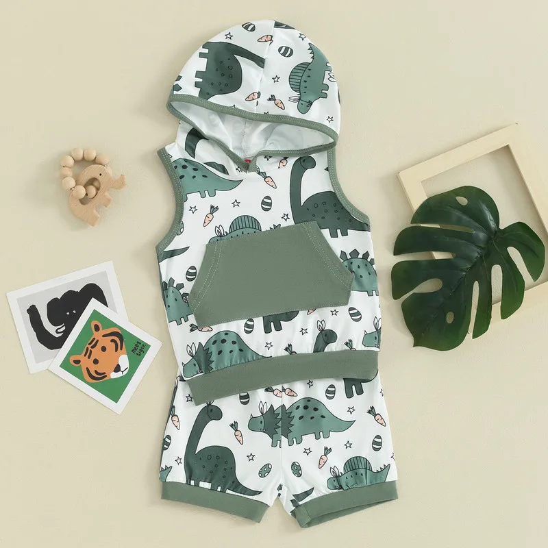 

Пасхальный костюм для маленьких мальчиков, майка с капюшоном и принтом динозавра и шорты с эластичным поясом, комплект из 2 предметов