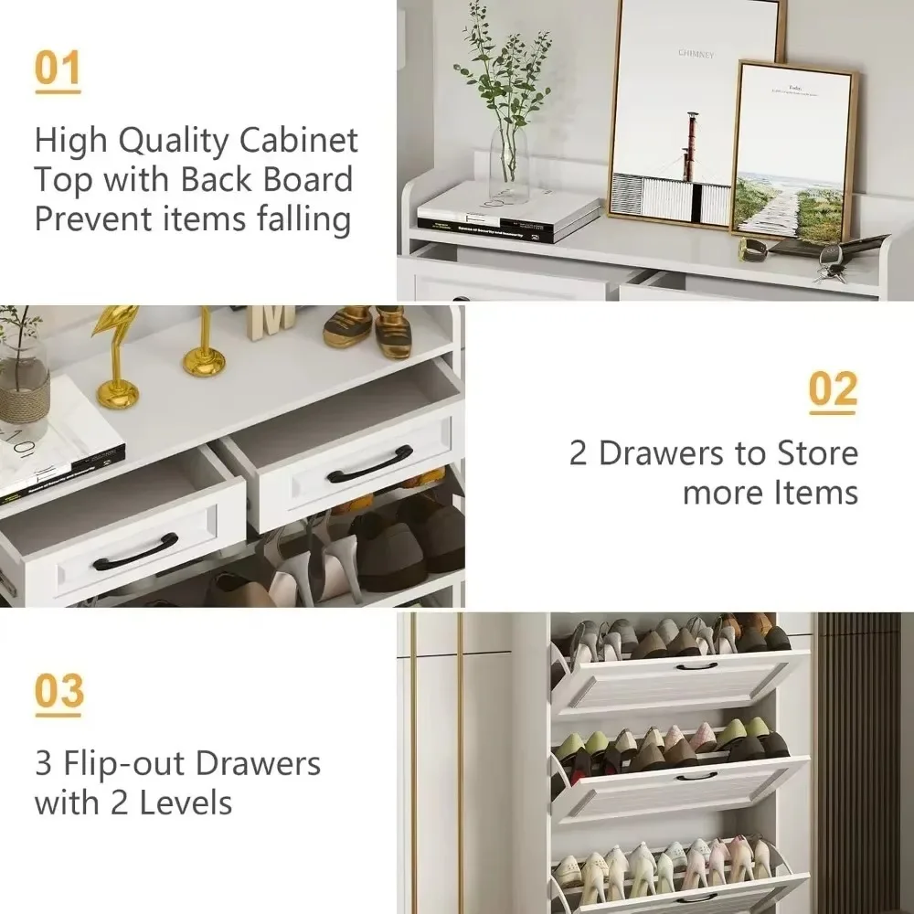 Shoe Storage Cabinet with 3 Flip Drawers, White Freestanding Storage Racks for Entryway Hidden Narrow Shoe Organizers Perfect