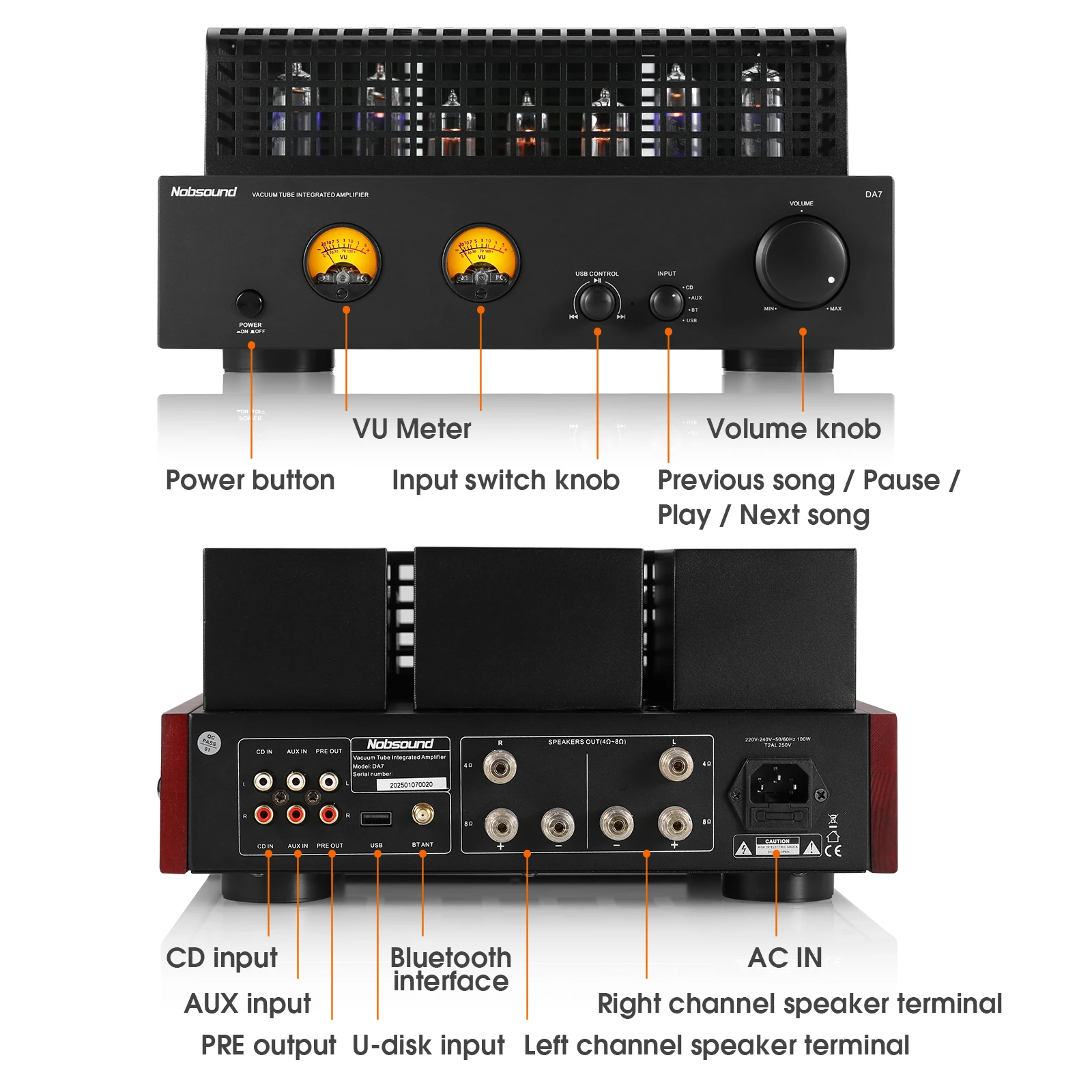 Nobsound DA7 HiFi 진공관 증폭기 Bluetooth 수신기 스테레오 홈 오디오 앰프 VU 미터가있는 USB DAC