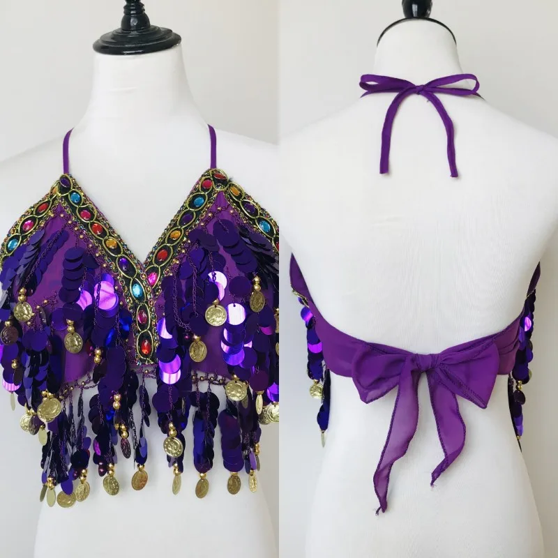 Top Danza Ventre Con Paillettes E Frange - Reggiseno Senza Schienale Boho Donna